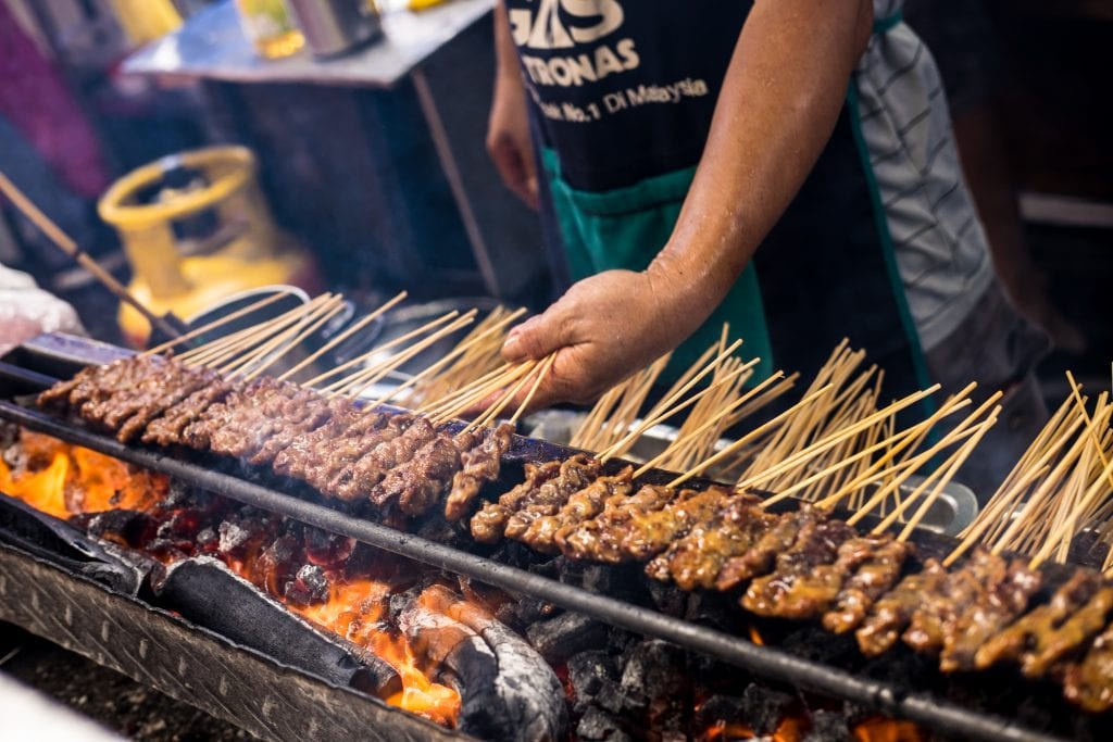Flame-grilled satay skewers in Surabaya, Indonesia